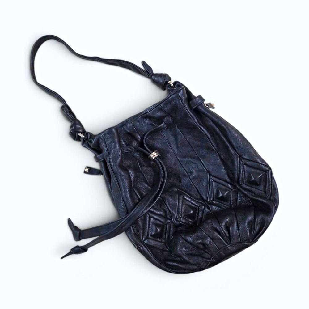 Elliott Lucca Black Leather Diamond Quilted Drawstring Bucket Bag Shoulder Bag